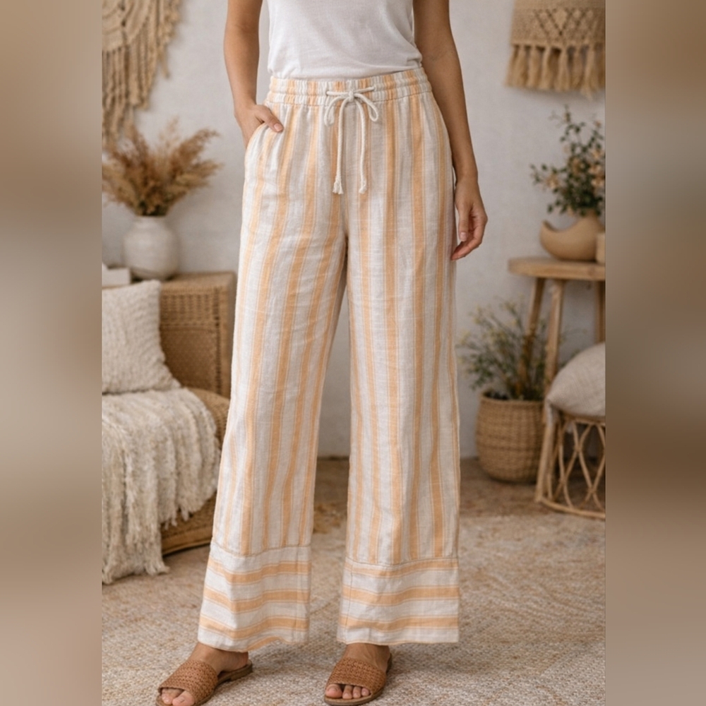 H&M Cream and Light Orange Striped Wide-Leg Pants
